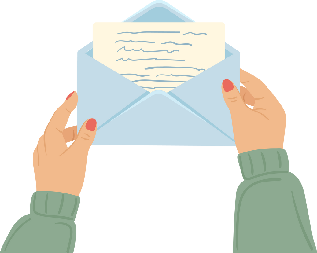 Open letter in human hands. Handwritten paper in envelope